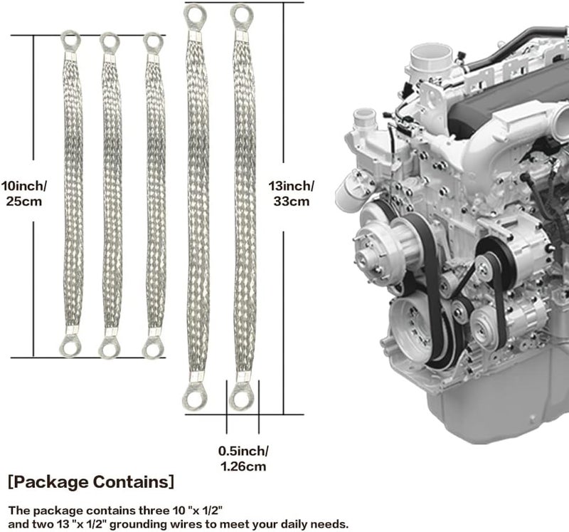 Reswish Universal Flat Braided Copper Ground Strap,Professional Vehicle Grounding Cable Straps with Terminals Plugs,Tinplate Silver Color Automotive Engine Copper Ground Strap for Most Cars - Image 2
